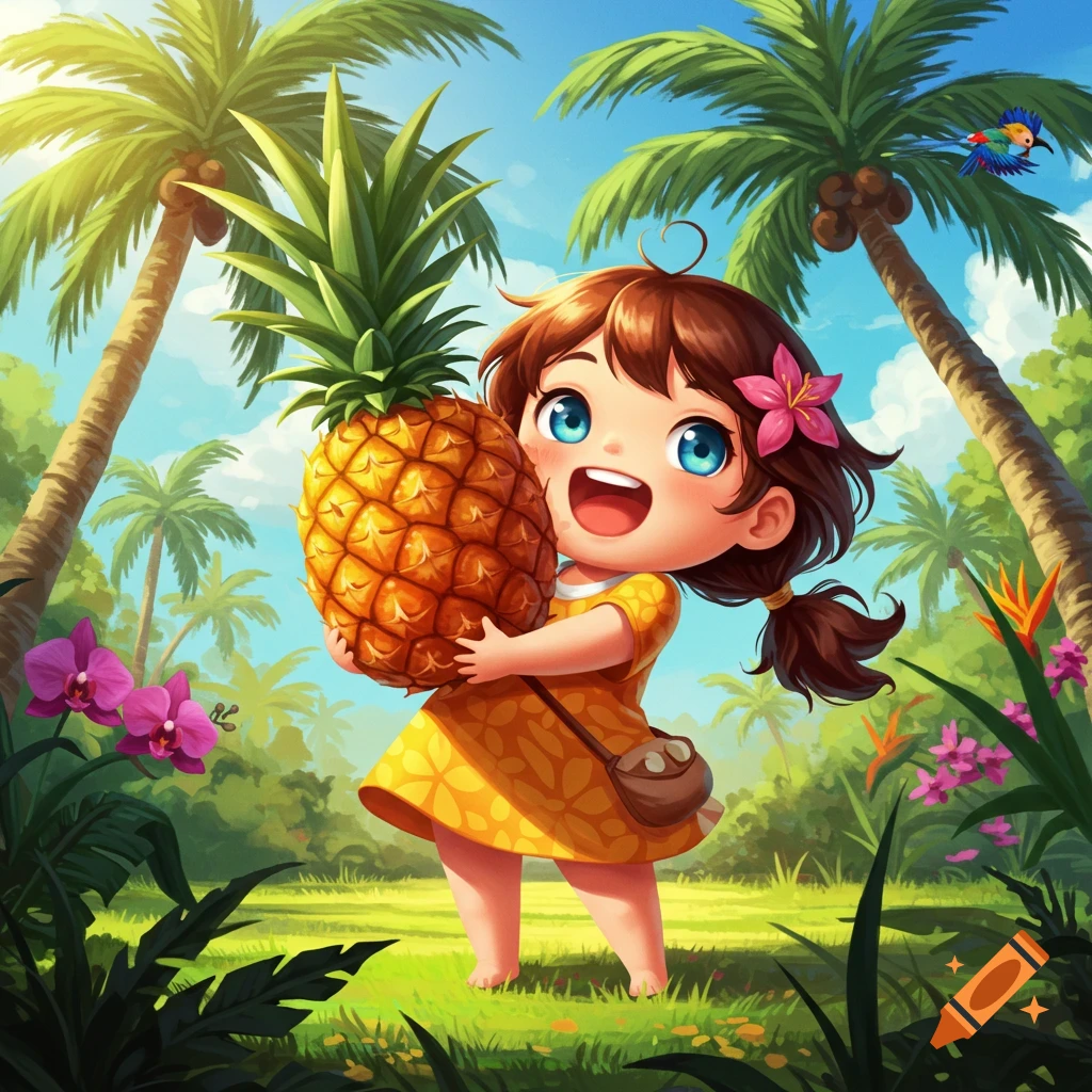 A happy cartoon girl holds a giant pineapple in a vibrant tropical jungle with palm trees and colorful flowers.