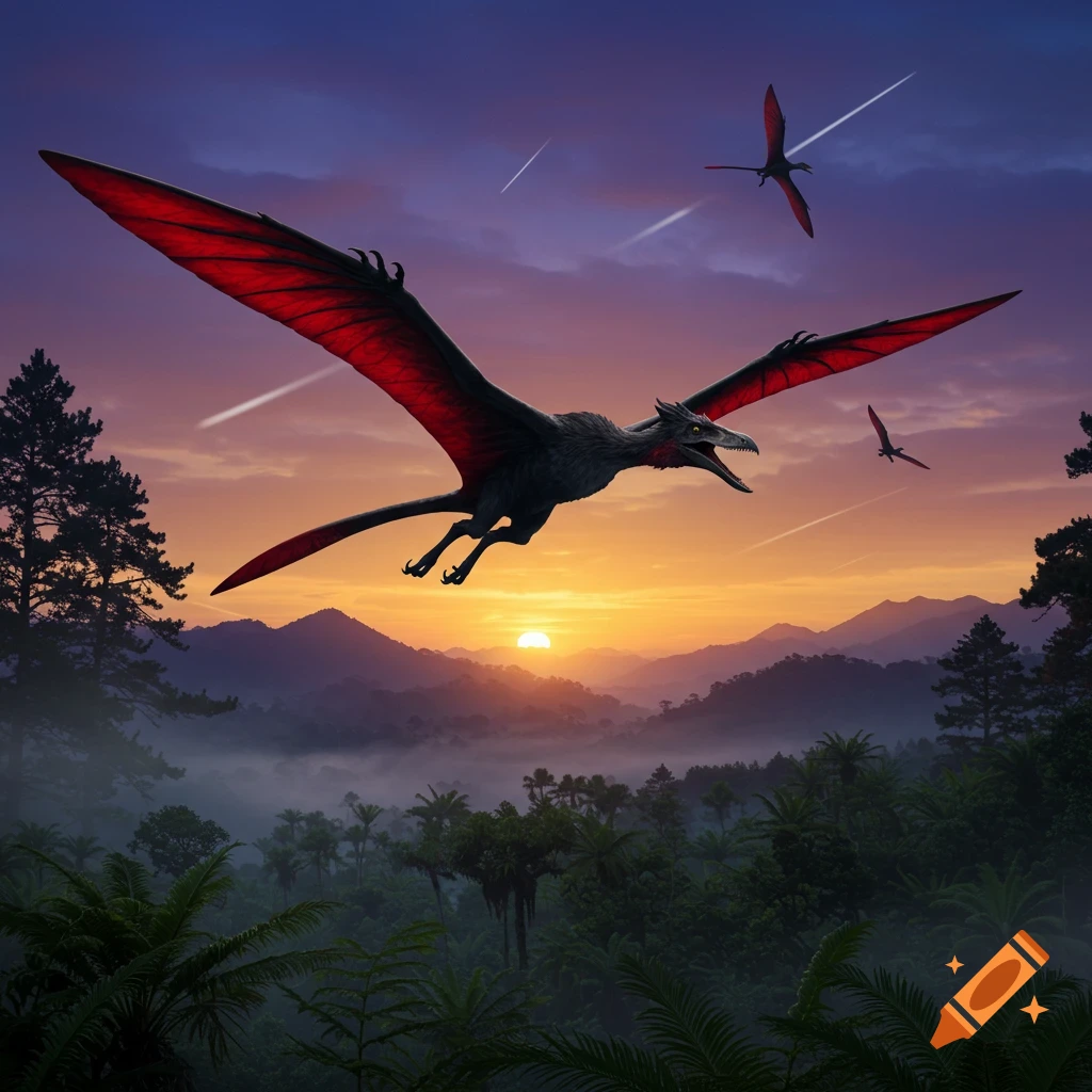 Three red-winged pterosaurs fly over a misty jungle landscape at sunset, with mountains in the background.