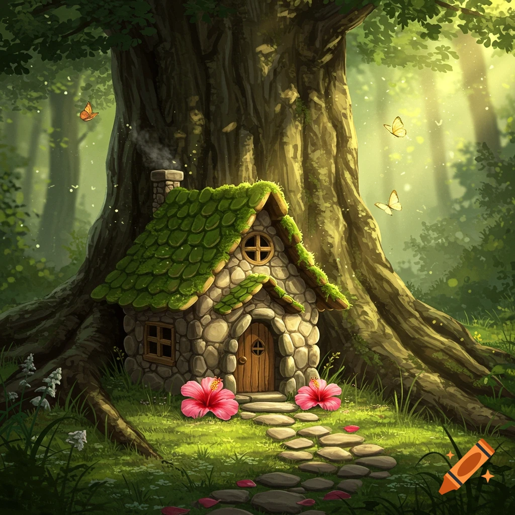 Whimsical illustration of a stone fairy house with a mossy roof at the base of a giant tree in a sunlit forest, with a stone path and pink flowers.
