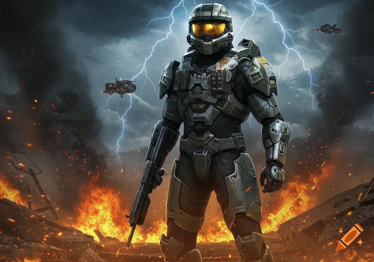 A heavily armored Spartan soldier stands on a burning battlefield under a lightning storm, holding a rifle.