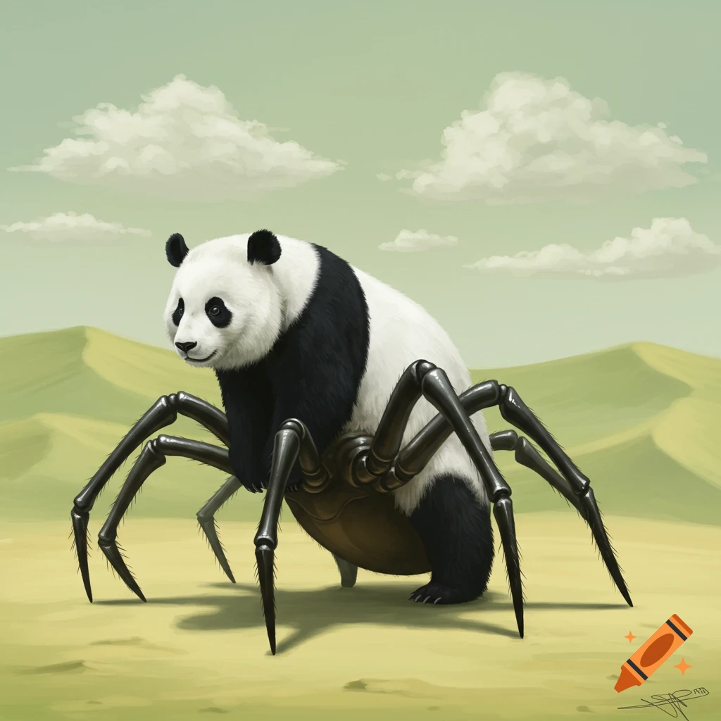 A digital painting of a panda with a spider body standing on sandy green dunes under a cloudy sky.