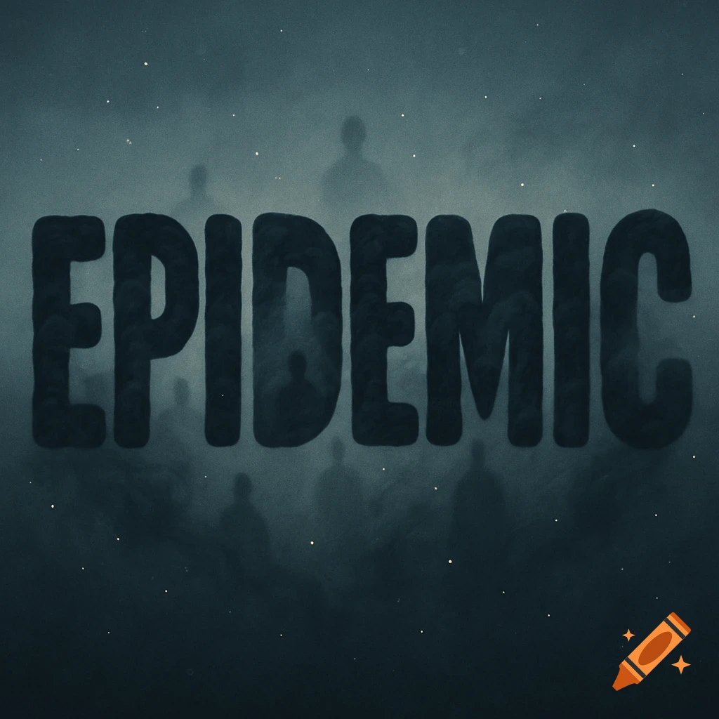 The word "EPIDEMIC" in dark, textured bubble letters against a hazy, dark background with subtle stars and shadowy figures.
