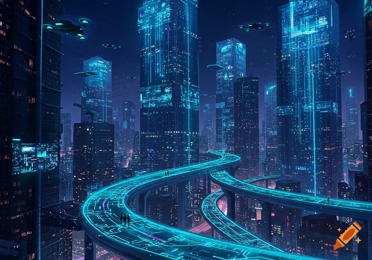 A dark, futuristic cityscape at night with towering skyscrapers adorned with glowing blue data streams and multiple elevated, glowing electronic highways winding through the city. Several flying drones are also visible in the sky.