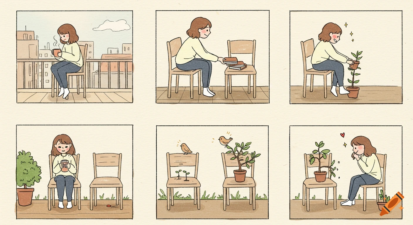 A 6-panel hand-drawn webcomic shows a girl bringing life to an empty chair on her balcony with plants and a bird.