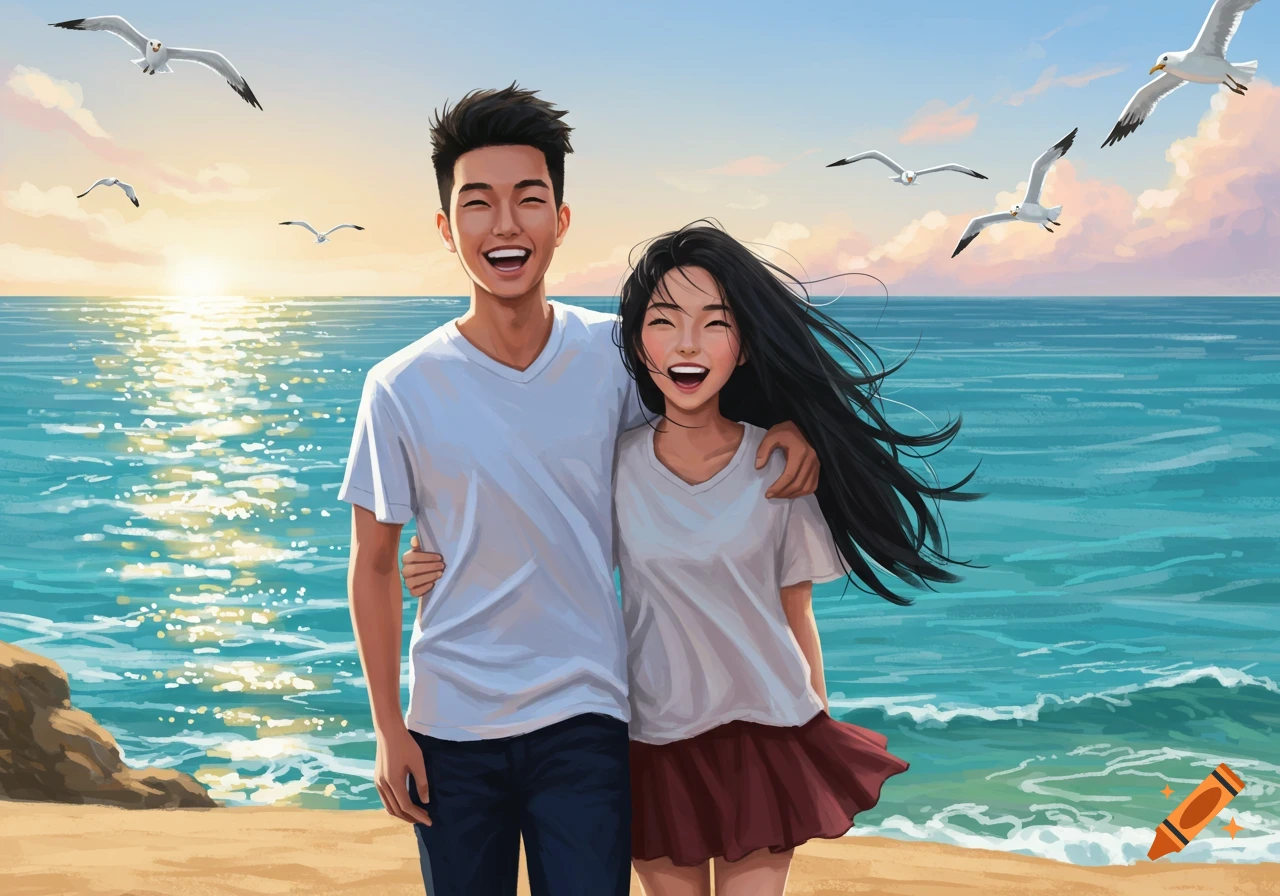 Anime-style illustration of a happy young couple standing on a beach at sunset with seagulls.