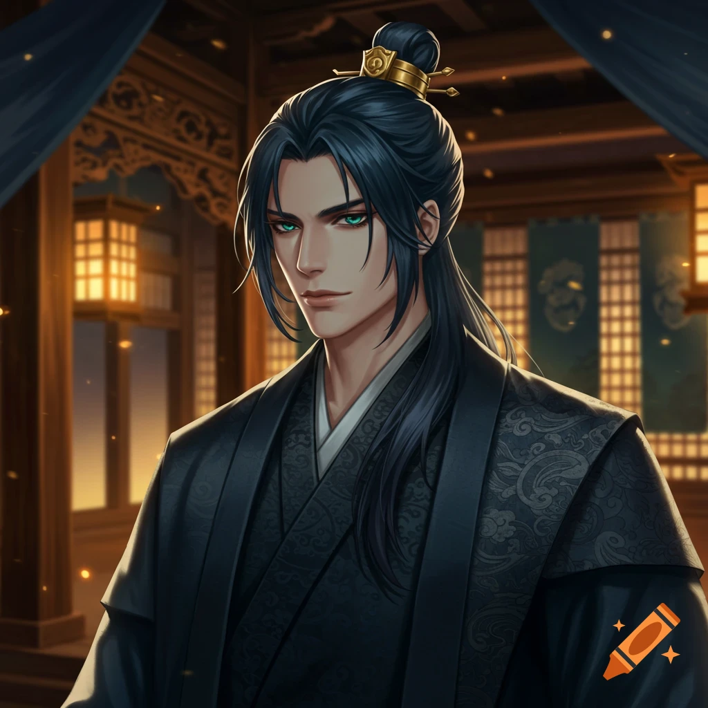 An anime-style portrait of a handsome man with dark blue hair in a topknot, teal eyes, wearing a dark navy blue and grey formal kimono, standing in a traditional Asian interior.