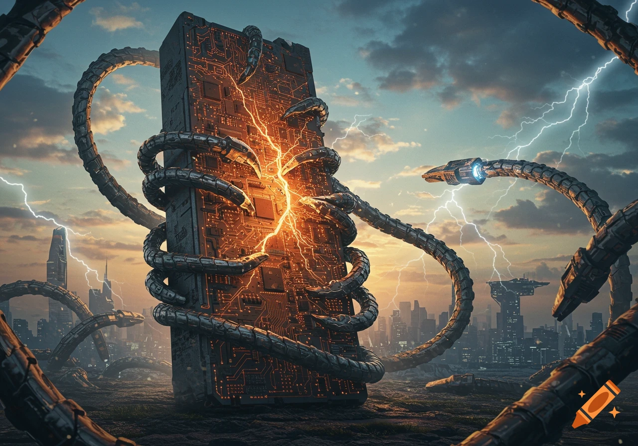 A massive, glowing circuit board monolith is strangled by robotic tentacles over a futuristic city with lightning in a stormy sky.