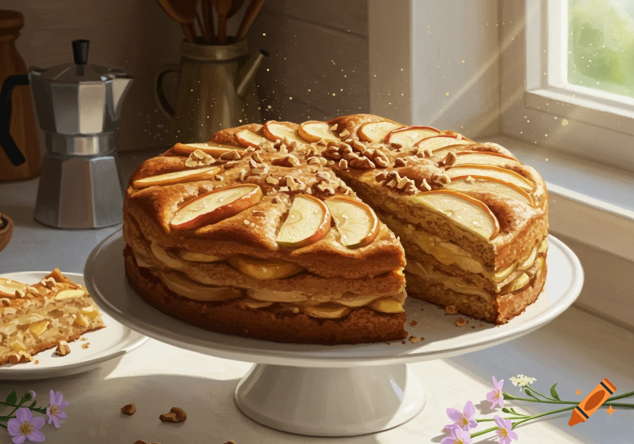 A beautiful apple cake with walnuts and a slice cut out, on a white stand by a sunlit window with coffee pots in the background.