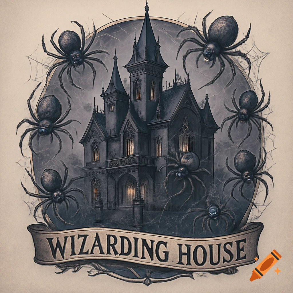 A stylized gothic house with spires inside an oval frame, surrounded by numerous dark spiders and subtle spiderwebs, with a banner at the bottom reading "WIZARDING HOUSE".