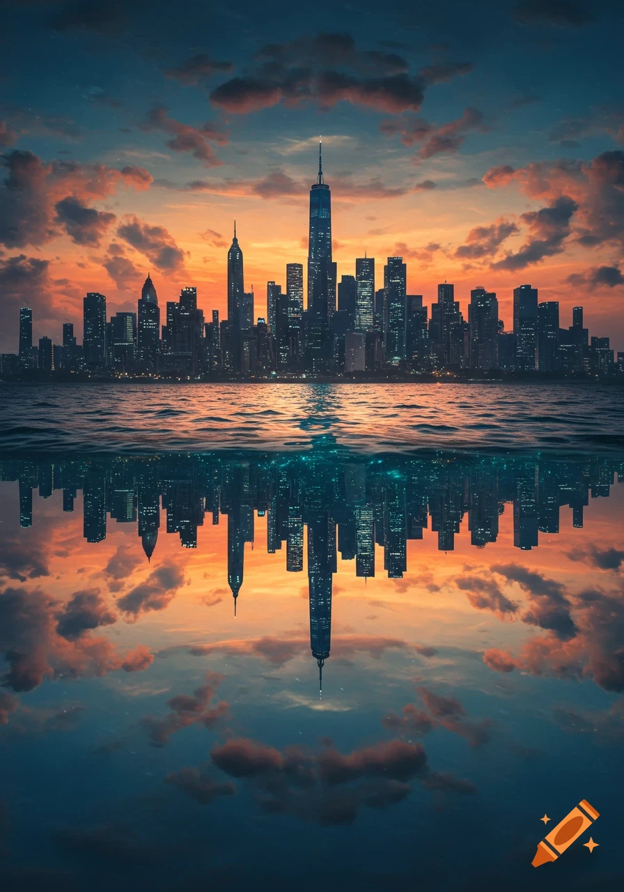 A surreal cityscape at sunset, with a tall skyscraper reflected in water, creating an upside-down illusion.