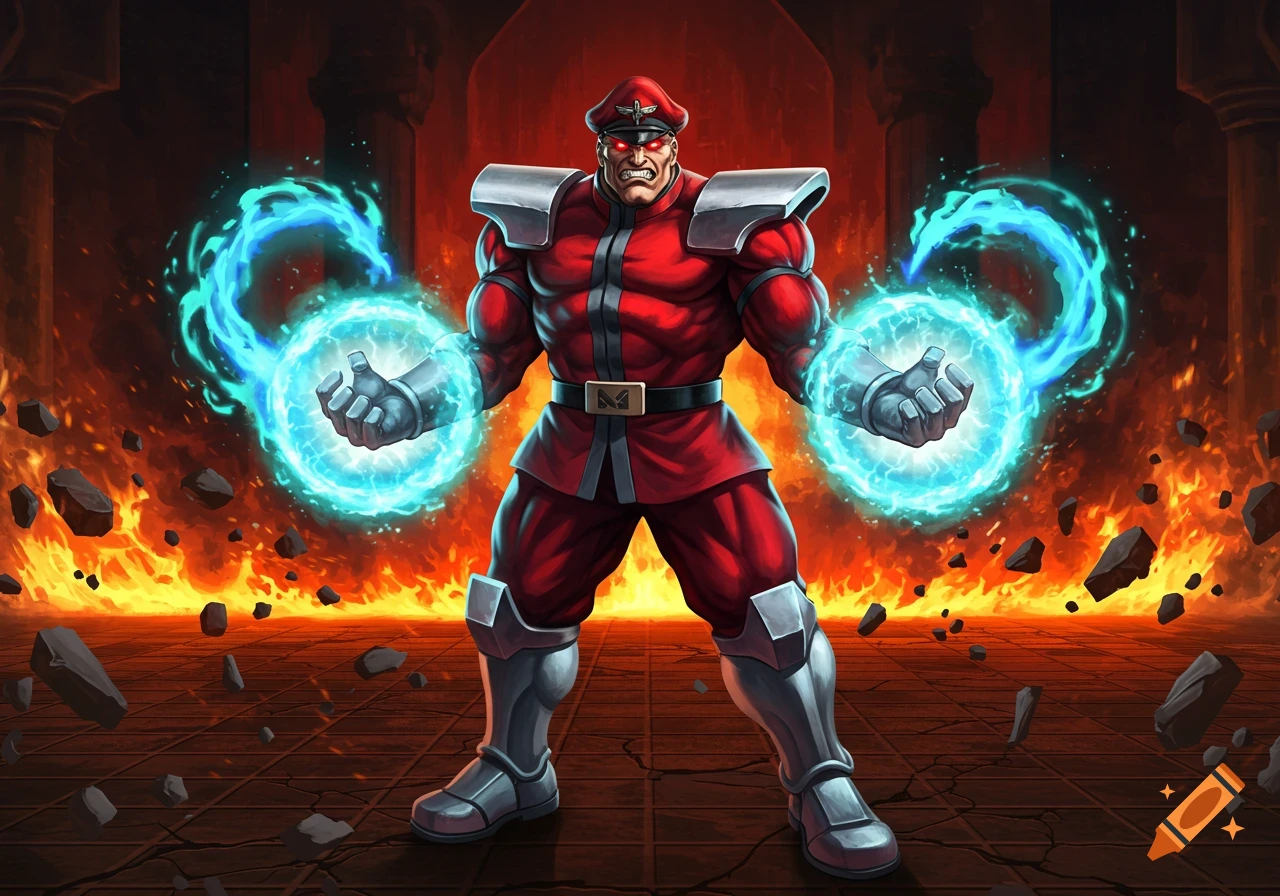 M. Bison from Street Fighter stands menacingly, generating blue energy orbs in his hands, surrounded by fire and debris.