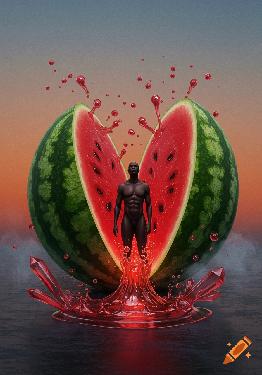 A nude black man stands within a giant split watermelon, from which red liquid splashes, under a gradient sky.