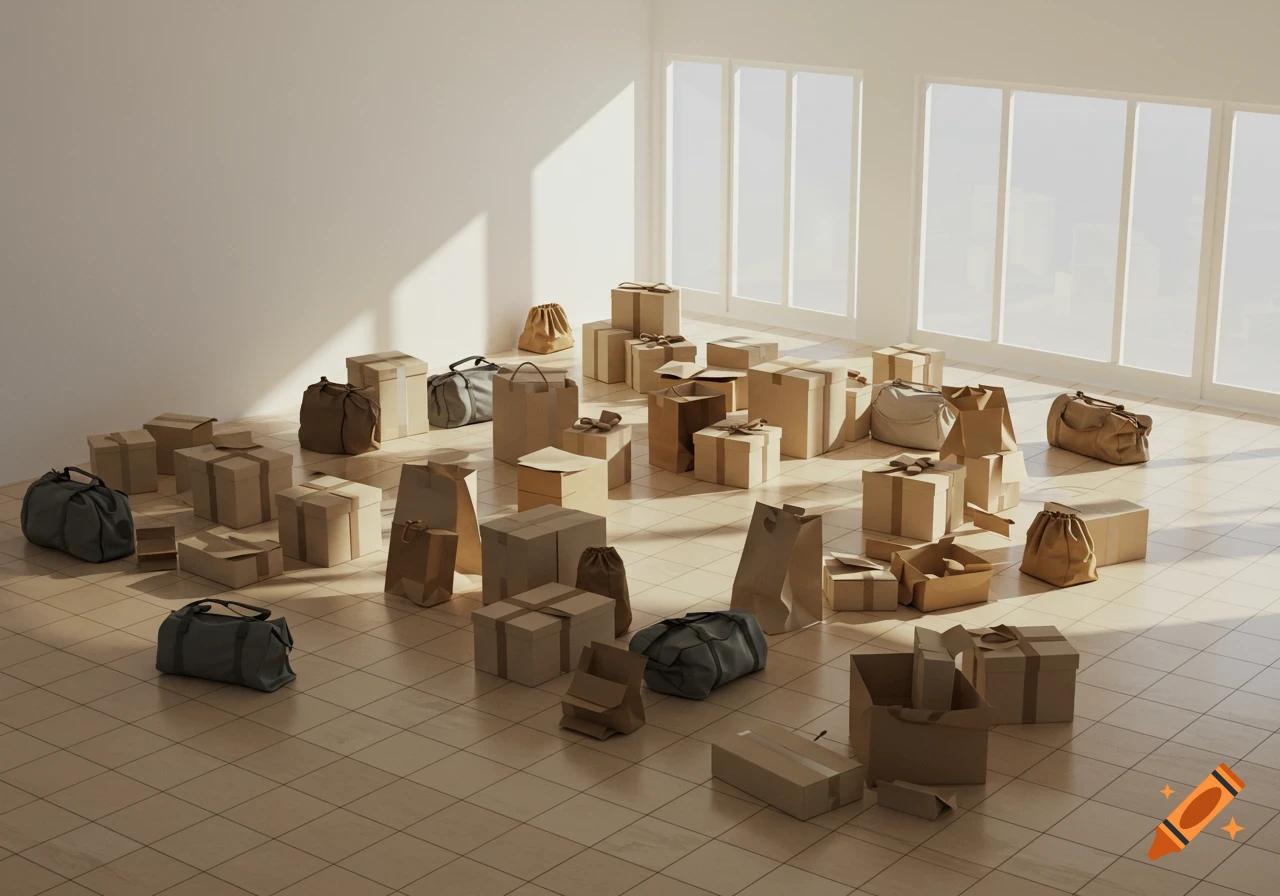Numerous brown cardboard boxes, paper bags, and duffel bags scattered across a tiled floor in a sunlit, empty room.