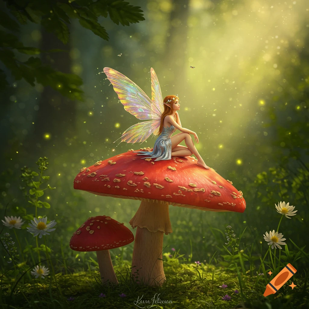 A red-haired fairy in a blue dress sits on a large red mushroom in a glowing, verdant fantasy forest.