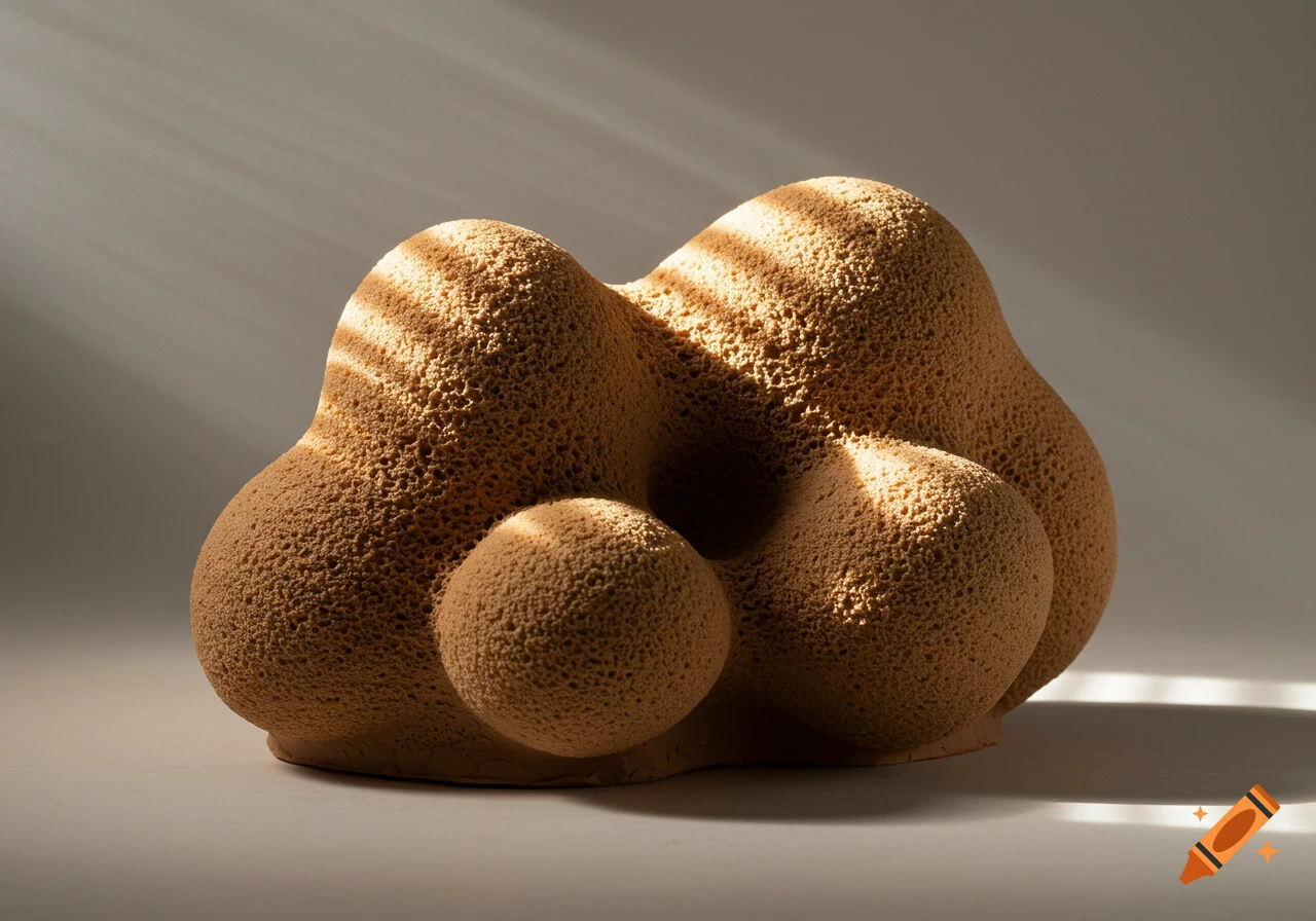 A beige, textured, abstract clay sculpture with organic, lumpy forms, highlighted by striped sunlight.