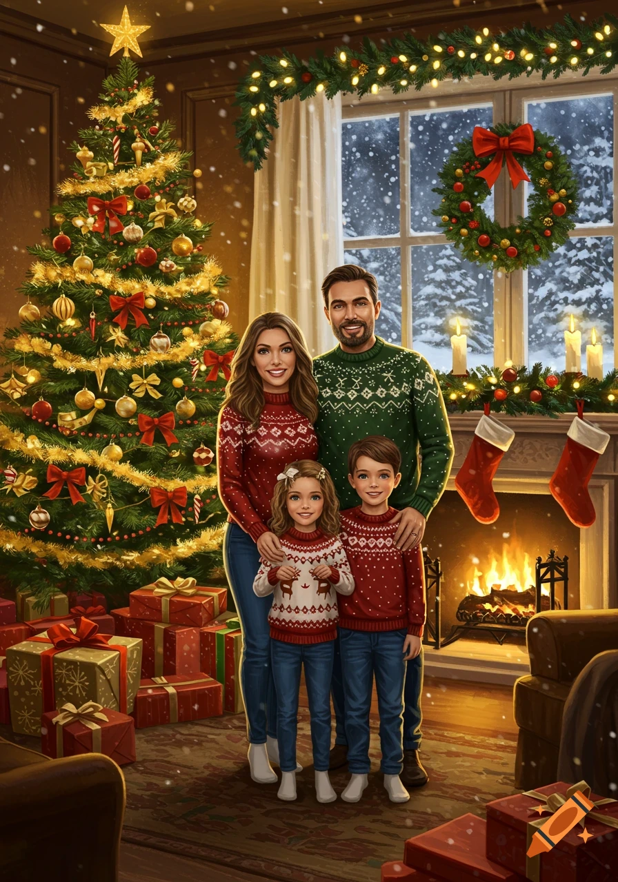 An illustration of a family of four in Christmas sweaters standing in a festive living room with a decorated Christmas tree, fireplace, and snowy window.