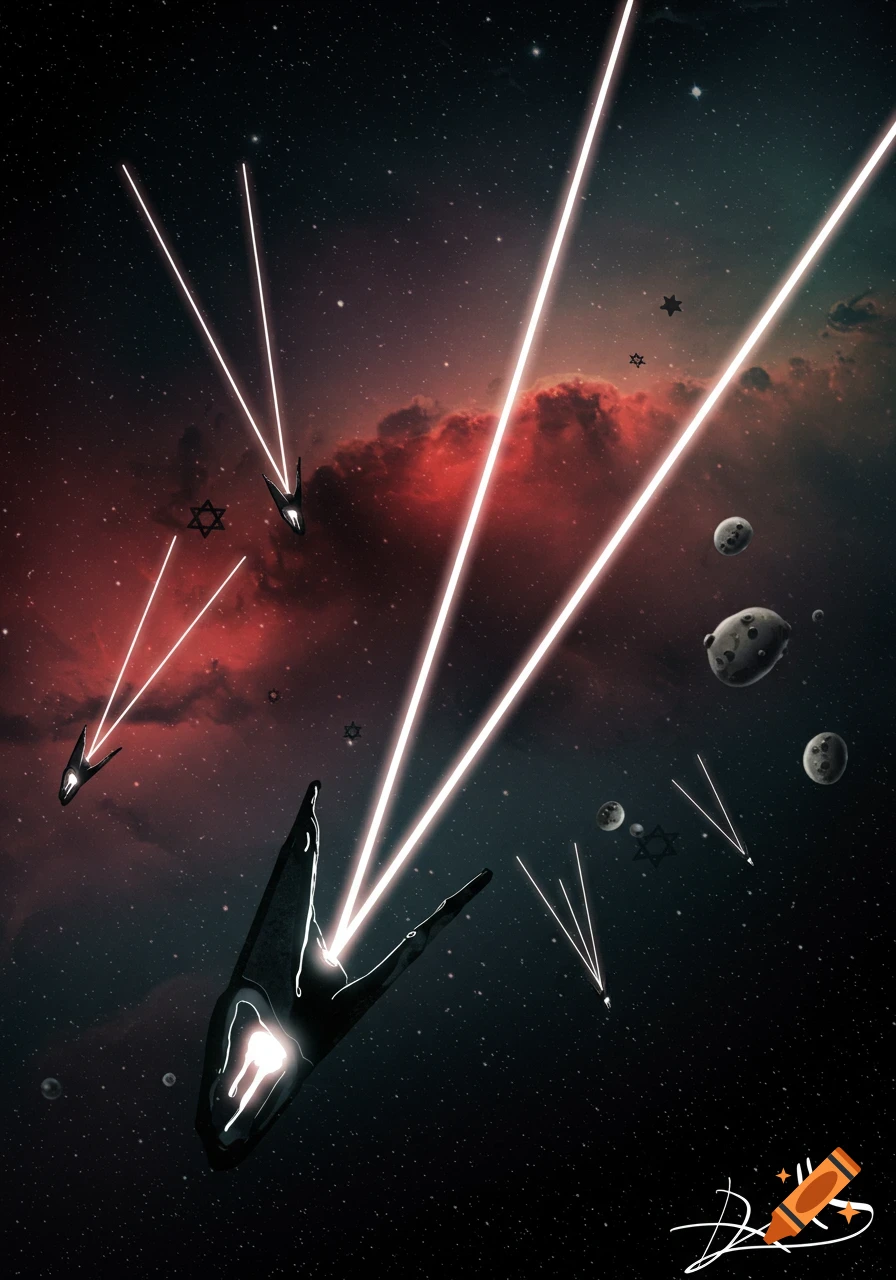An abstract space scene with dark, flowing spacecraft shooting bright lasers across a red nebula, featuring stars of David and floating asteroids, in a surreal art style.