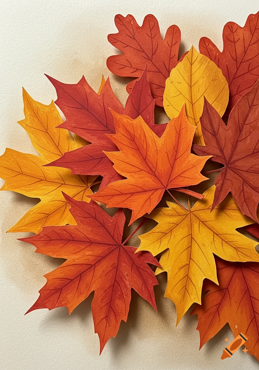 A pile of red, orange, and yellow autumn leaves, appearing as paper cut-outs or a drawing, on a light background.