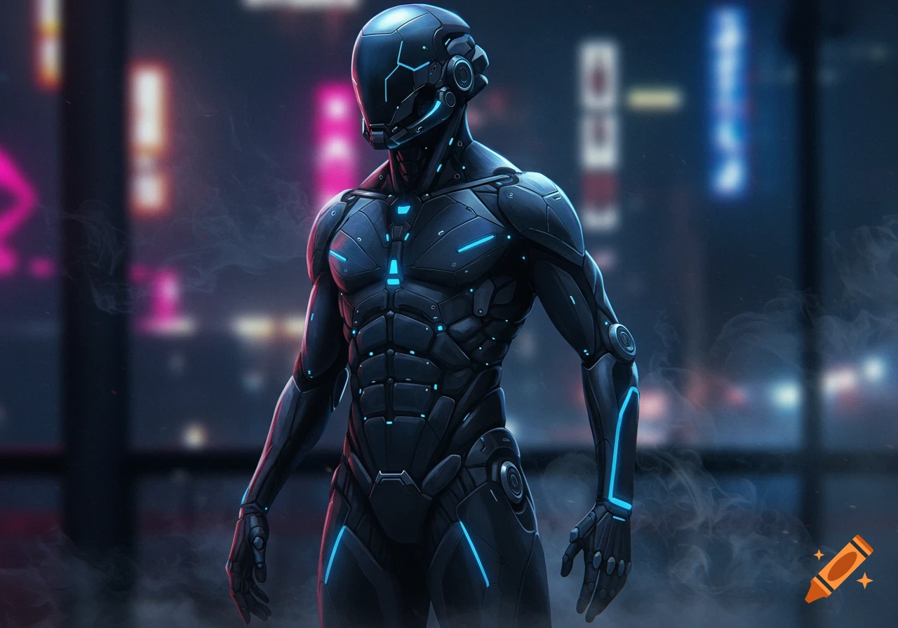 A dark futuristic armored figure with glowing blue accents stands in a blurry cyberpunk city background.