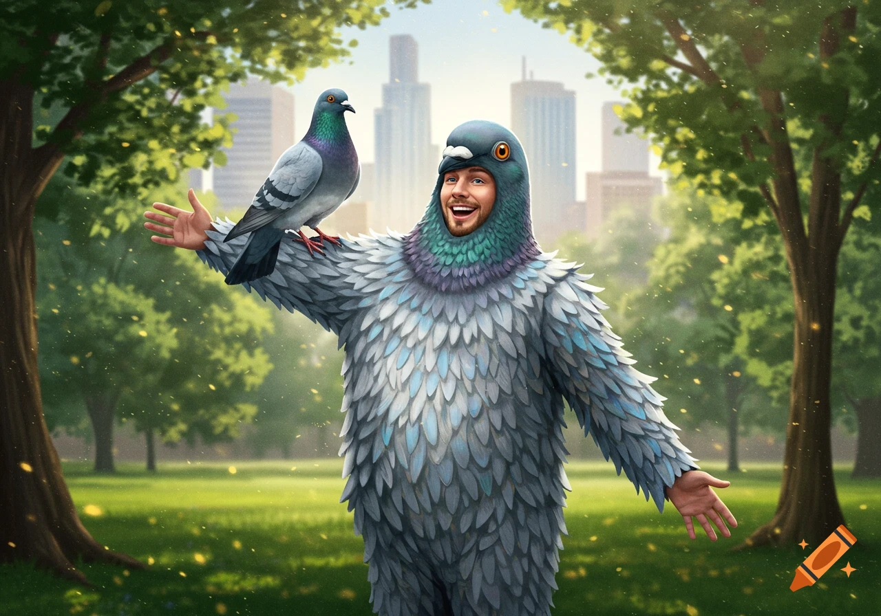 A smiling man in a detailed pigeon costume stands in a sunny park with a real pigeon perched on his arm, city skyline in the background.