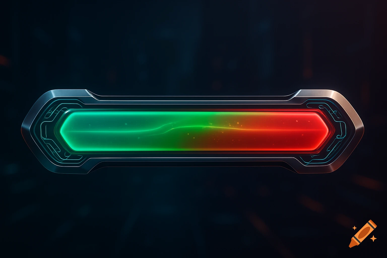 A glowing green and red futuristic game health bar with metallic accents.