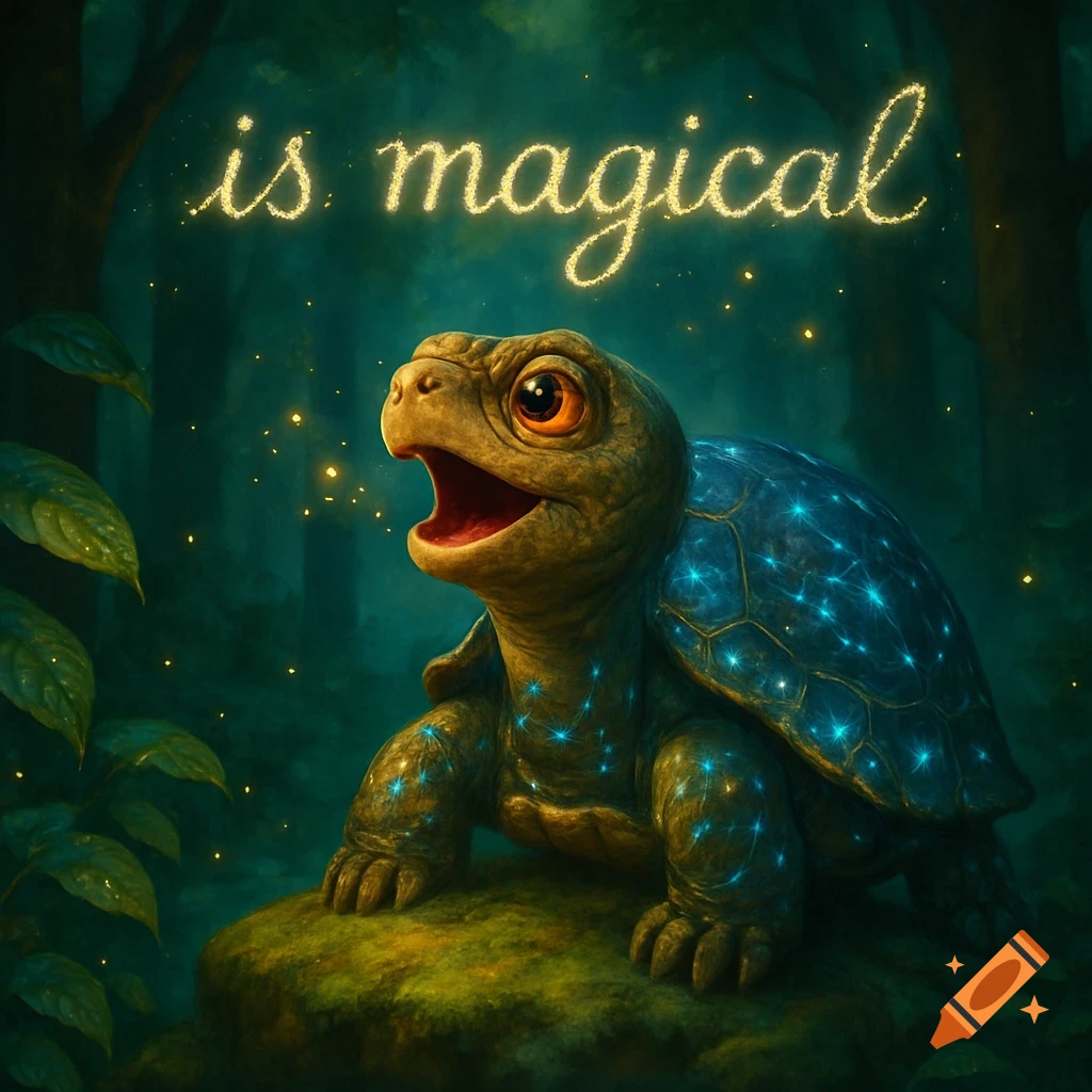 A happy, stylized baby turtle with a glowing blue shell and glowing spots on its body sits in a magical forest. Glowing text above reads "is magical".