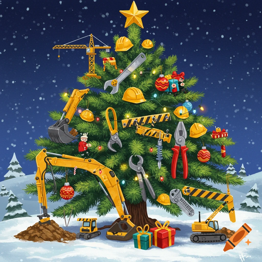 Cartoon illustration of a Christmas tree decorated with construction tools and vehicles in a snowy landscape.