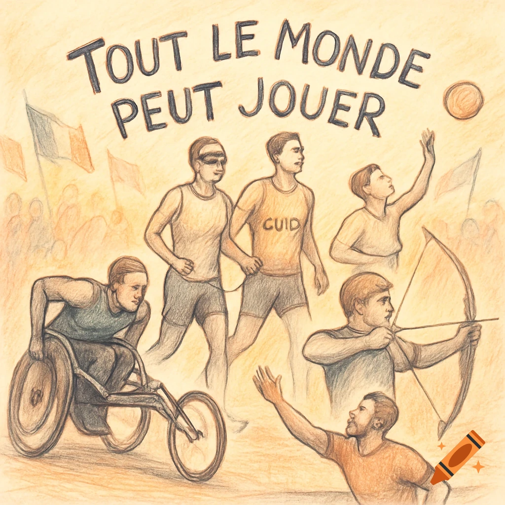 A hand-drawn illustration depicting various para-athletes, including a wheelchair racer, a blind runner with a guide, a basketball player, and an archer, with the French text "TOUT LE MONDE PEUT JOUER" (Everyone can play) at the top. Some French flags are in the background.