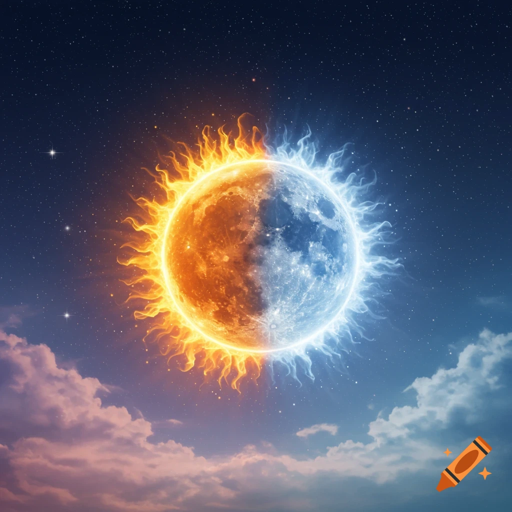 A celestial body, half fiery orange sun and half icy blue moon, glowing against a starry night sky with clouds.