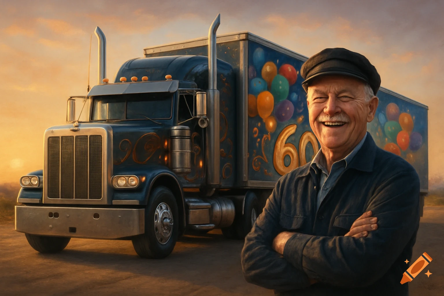Smiling elderly man in a cap stands before a blue semi-truck adorned with colorful balloons and the number '60' at sunset.