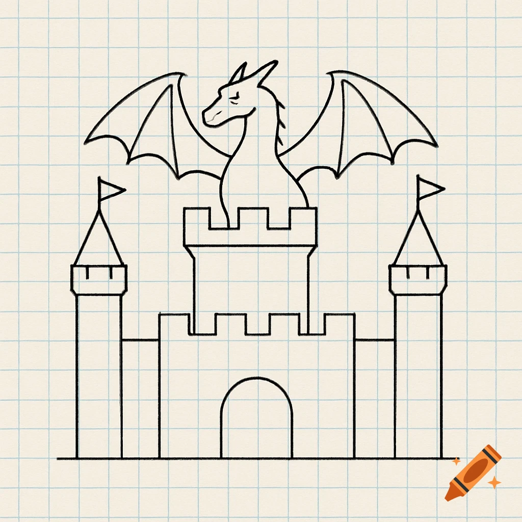 A simple line drawing of a castle with a dragon emerging from its central tower, drawn on graph paper.