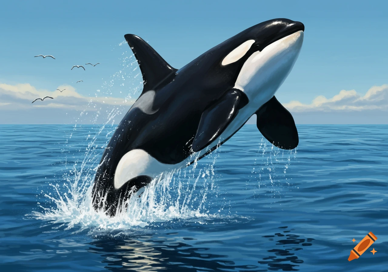 A black and white orca leaps high out of the blue ocean water, creating white splashes. Several small birds fly in the clear sky with a few clouds.