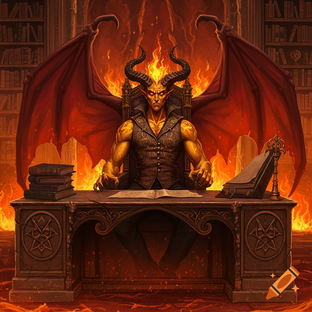 A horned, yellow-skinned demon in a regal waistcoat sits at an ornate desk in a fiery, hellish study.