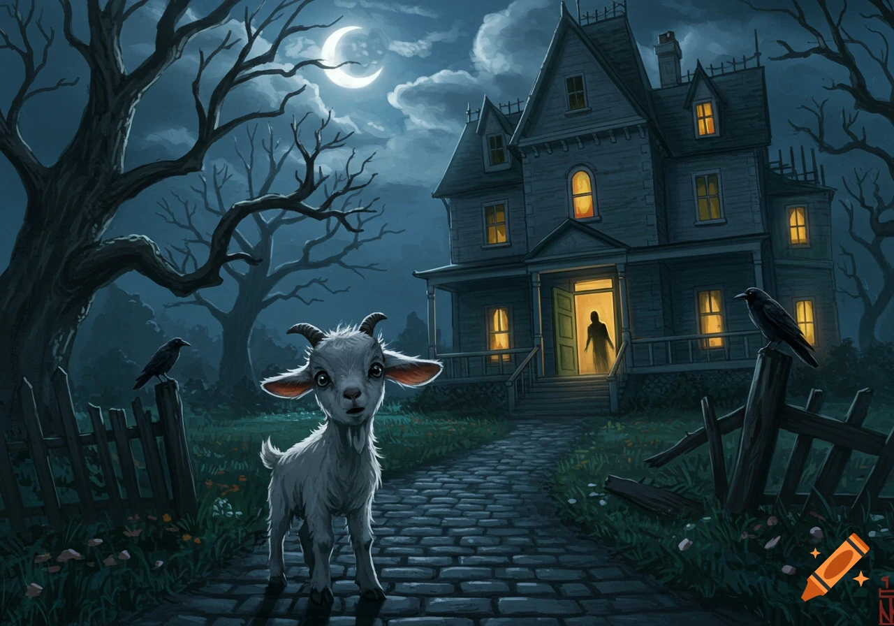 A frightened baby goat stands on a cobblestone path before a spooky, dark house with a ghostly figure in the doorway at night under a crescent moon.