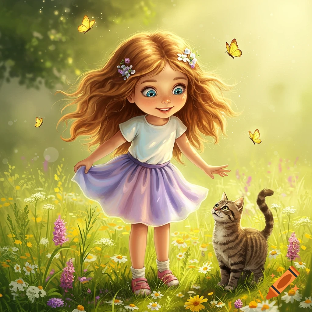 A whimsical illustration of a smiling girl with a tabby cat, surrounded by butterflies and wildflowers in a sunny field.
