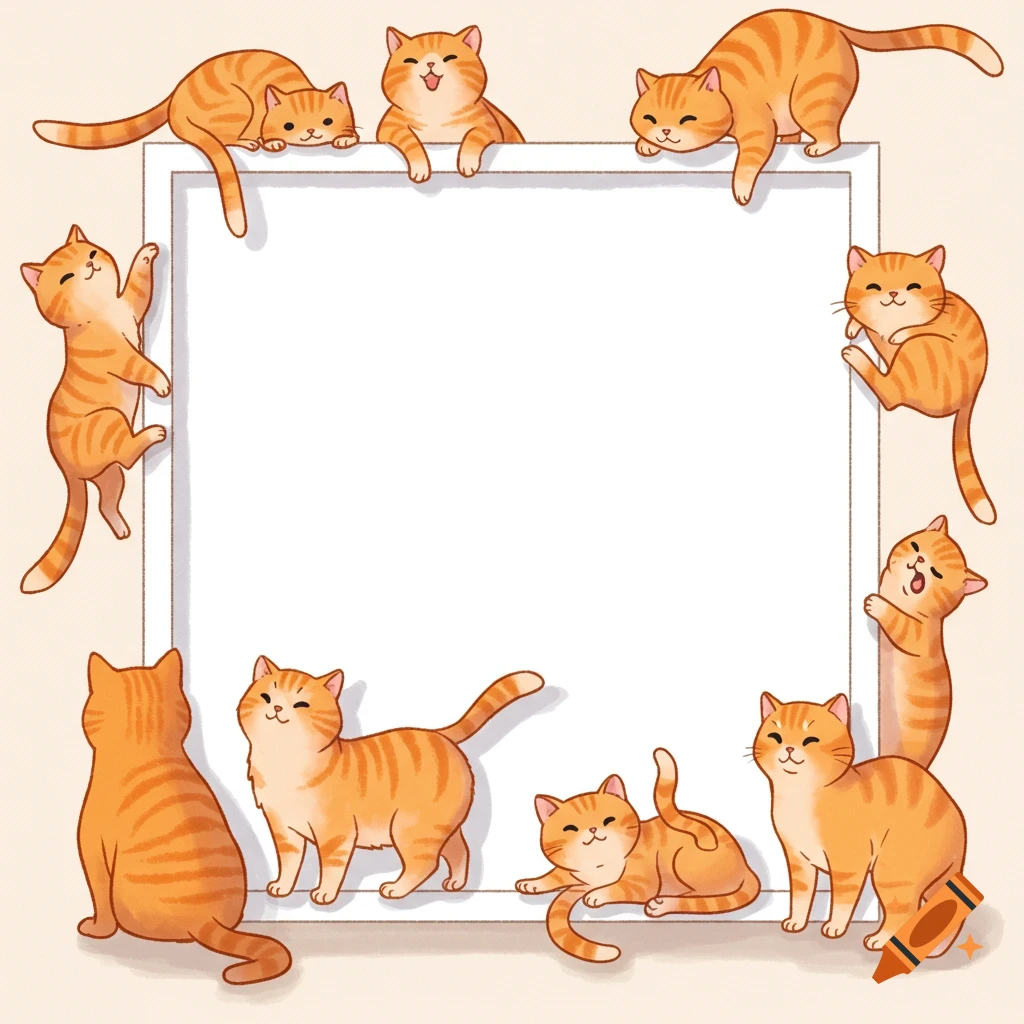 Cute cartoon ginger cats are playfully peeking and climbing around a central white square frame on a light background.