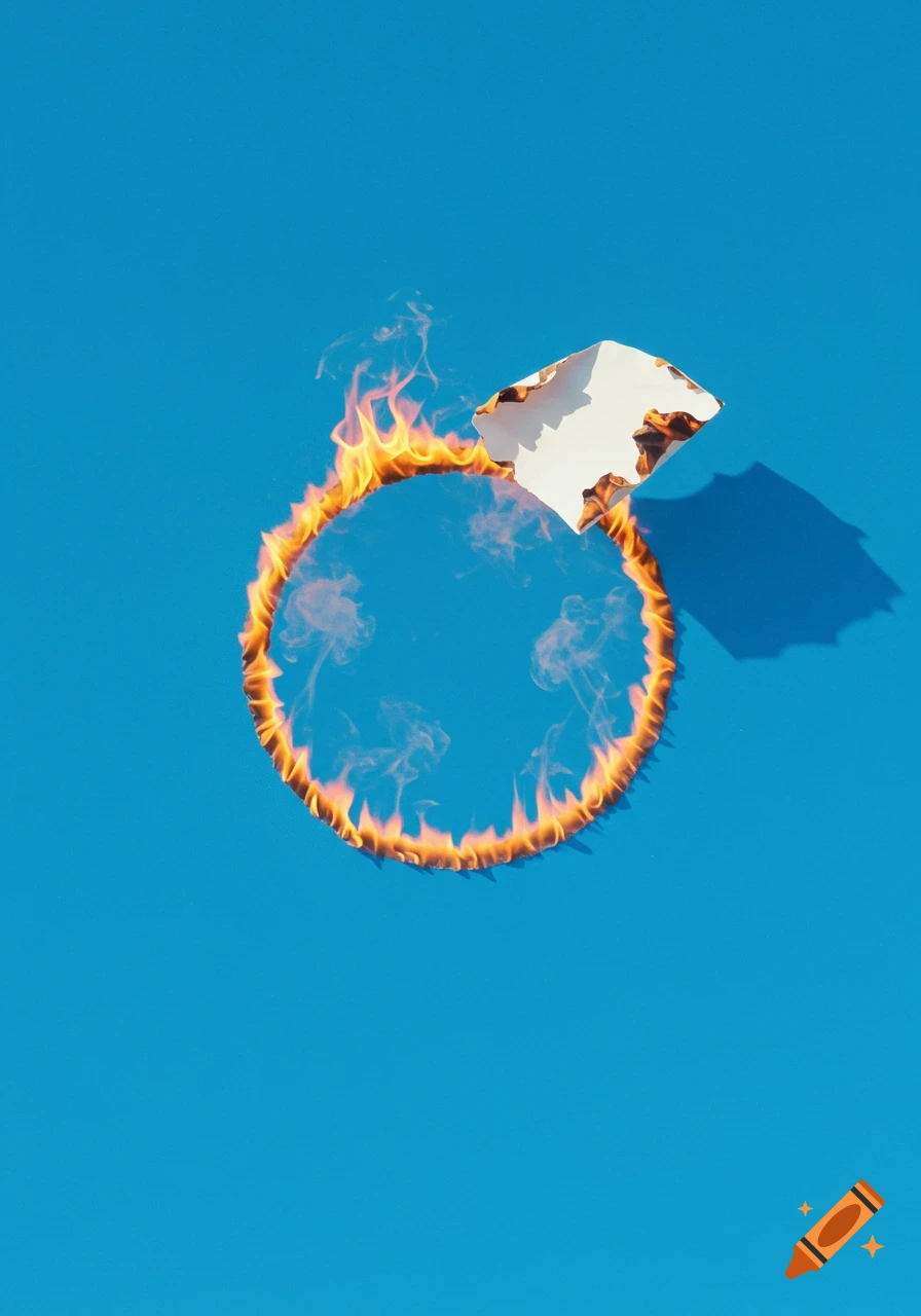A ring of fire and smoke against a pure blue sky, with a burning piece of white paper at the top right.
