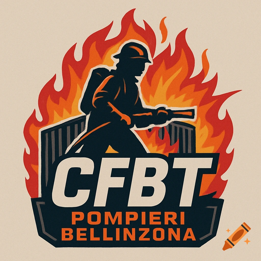 Firefighter logo showing a silhouetted firefighter, flames, and a container, with 'CFBT POMPIERI BELLINZONA' text.