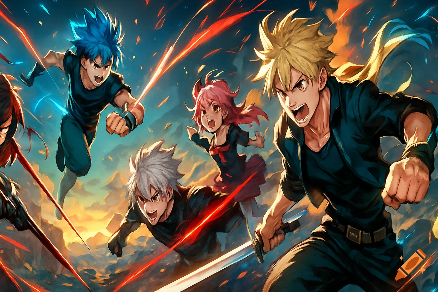 Anime characters with various hair colors in dynamic action poses, with swords and glowing effects, against a vibrant sky.