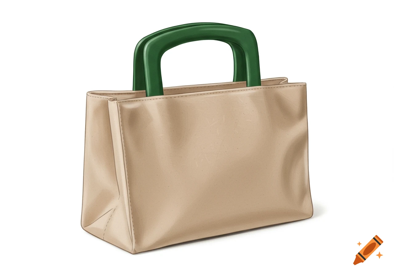 A beige eco-bag with a green handle stands upright against a white background.
