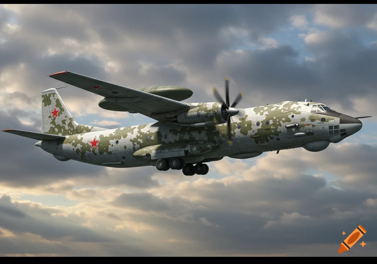 A military Il-38 aircraft with green and white camouflage flies under a cloudy sky.