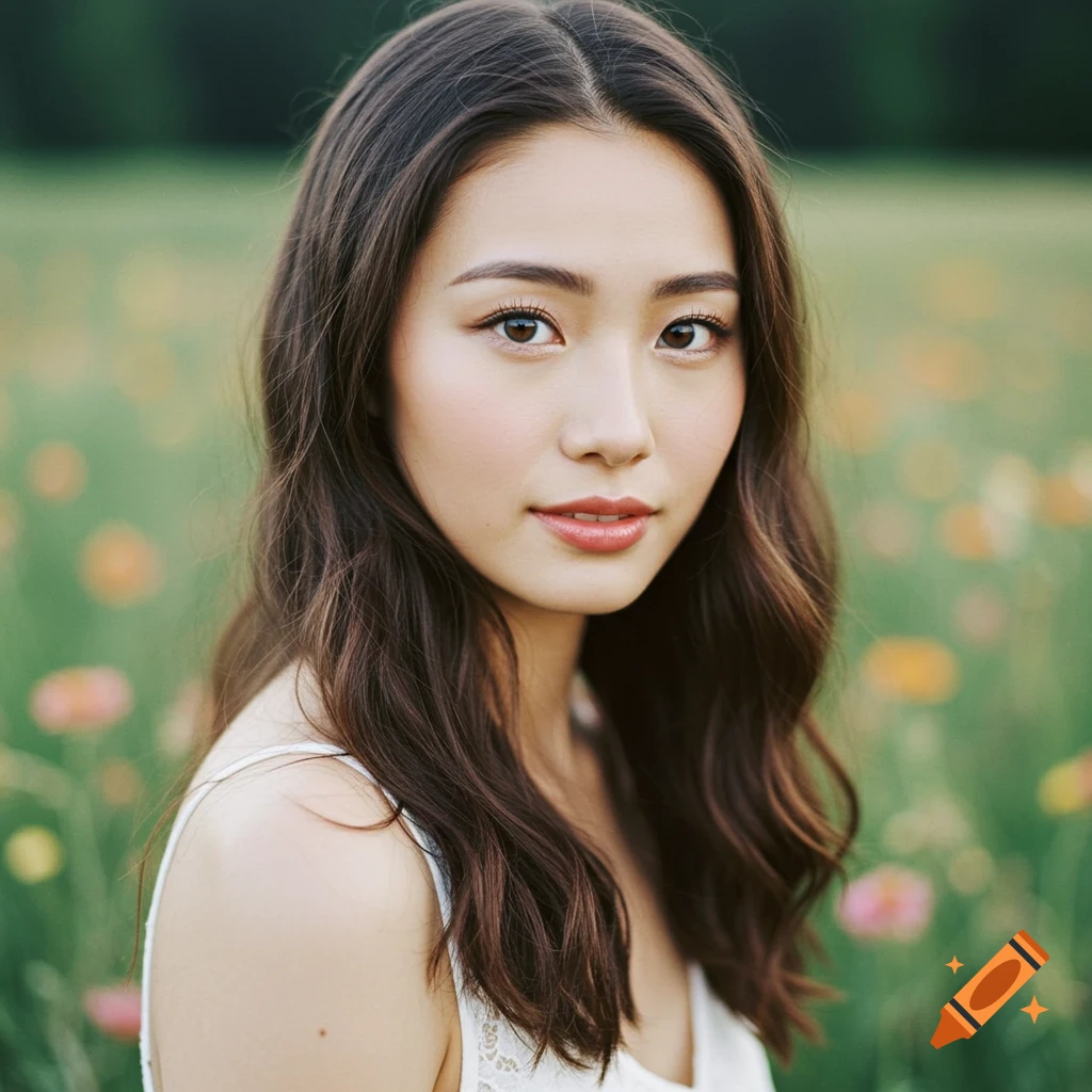 Photorealistic portrait of a young woman with dark wavy hair in a white top, looking forward in a green field with blurred flowers.