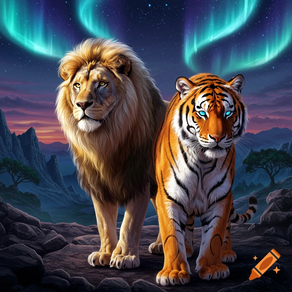 A majestic lion and a tiger with glowing eyes stand on a rocky landscape under a starry night sky with a vibrant aurora.