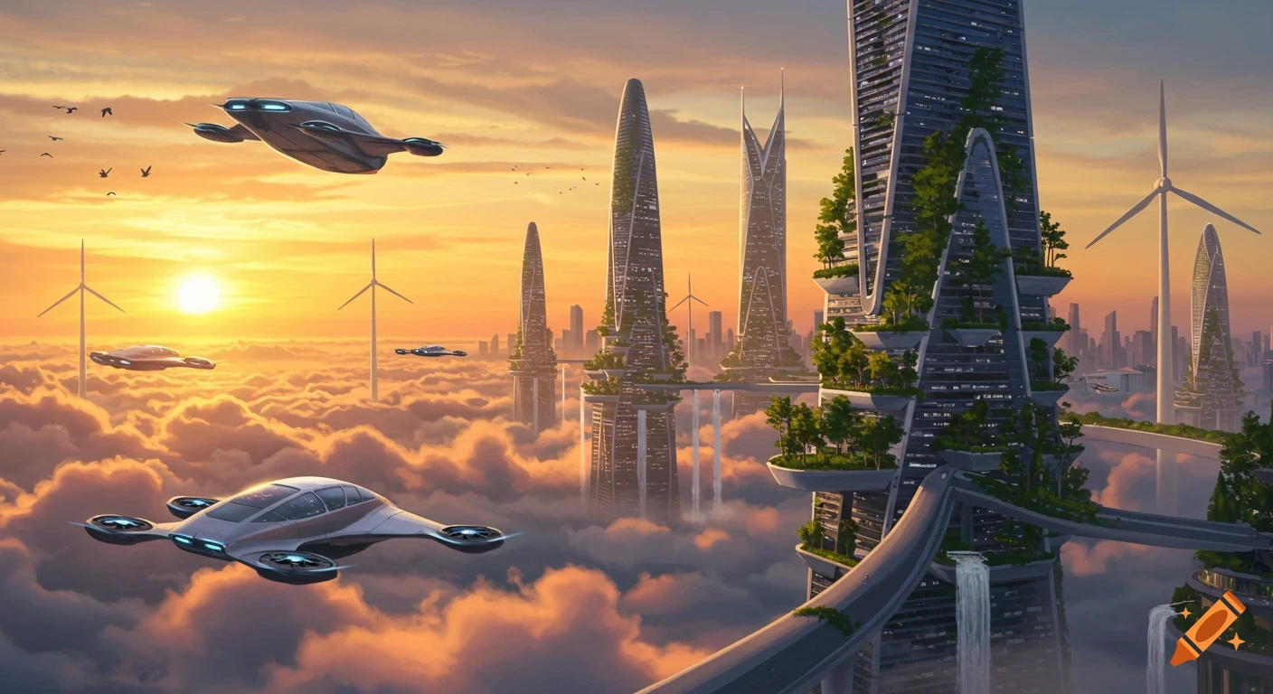 Vibrant futuristic city skyline with towering eco-buildings and flying cars above clouds at sunset.