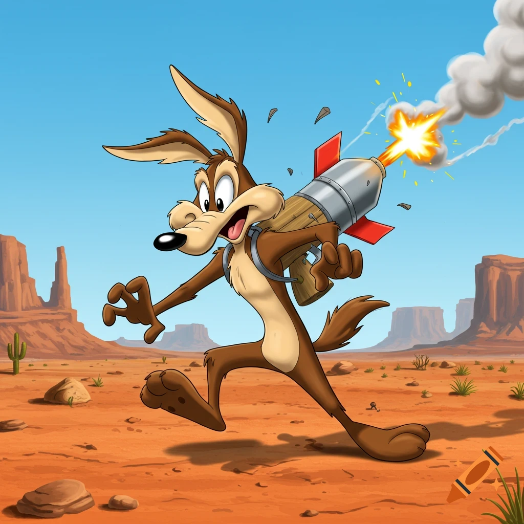 Wile E. Coyote runs through a desert canyon, carrying a firing rocket on his back in a classic cartoon style.