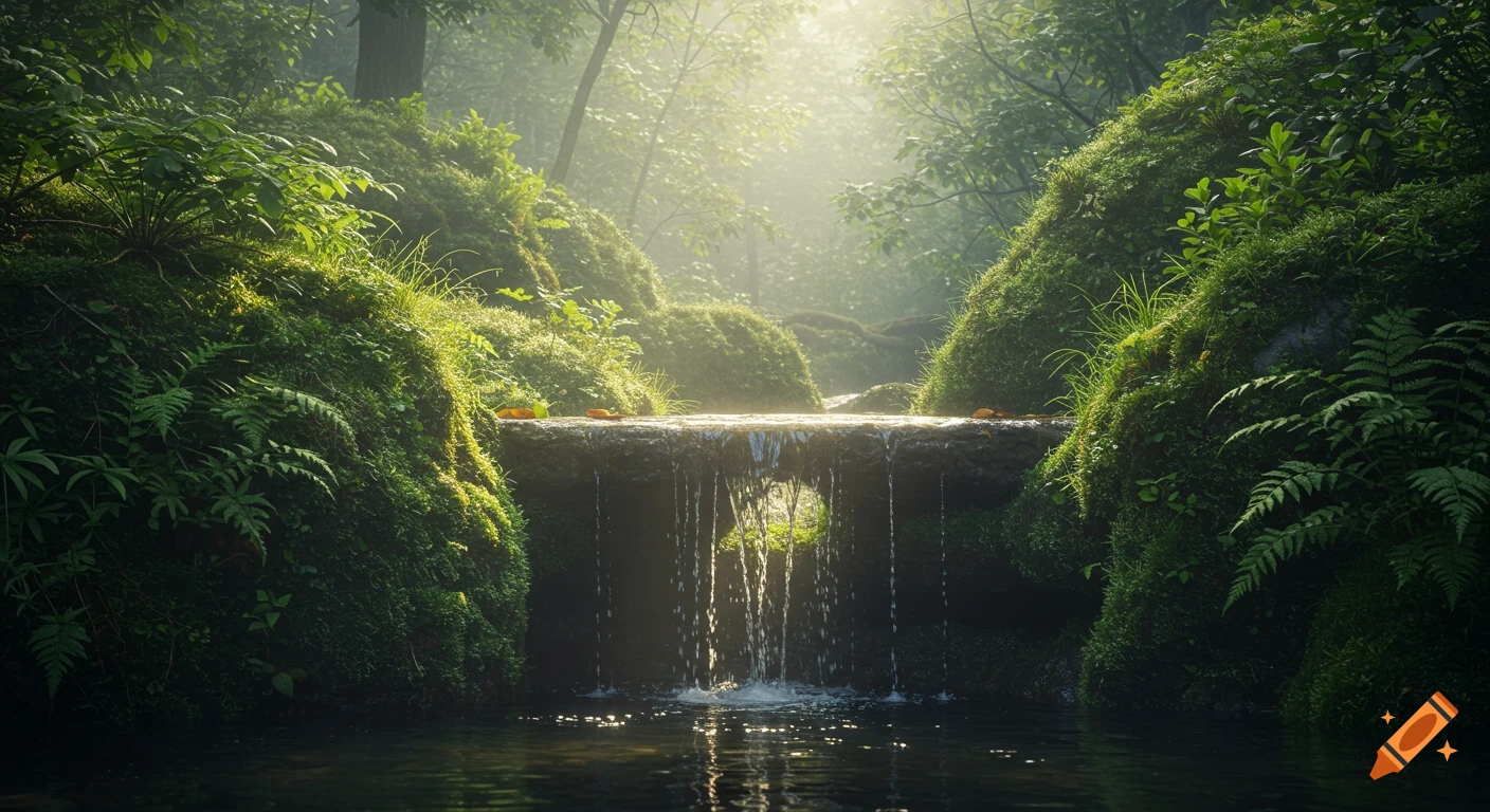 Hyper-realistic photo of a misty forest stream cascading over mossy rocks, bathed in golden morning light.