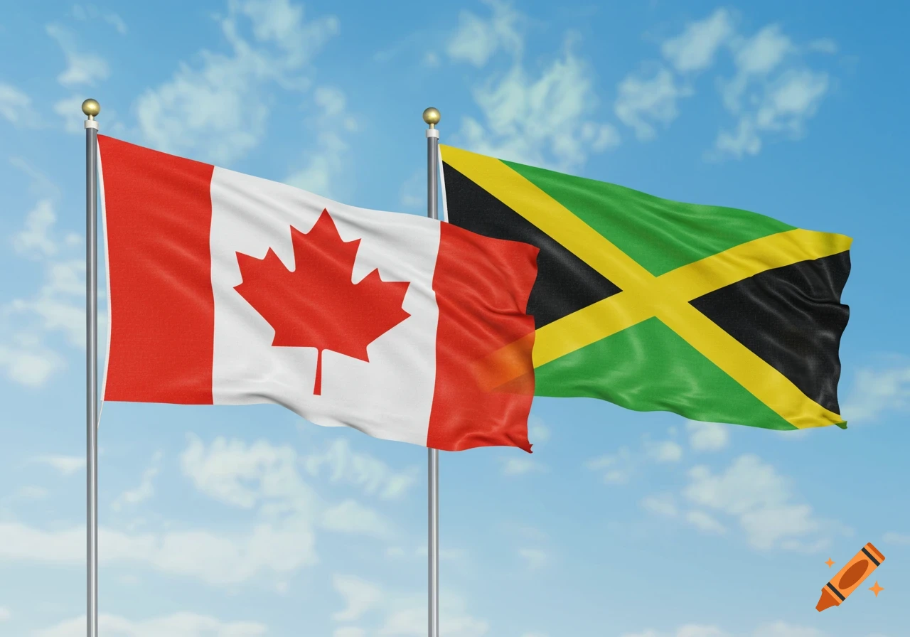 The flags of Canada and Jamaica wave against a blue sky with light clouds.