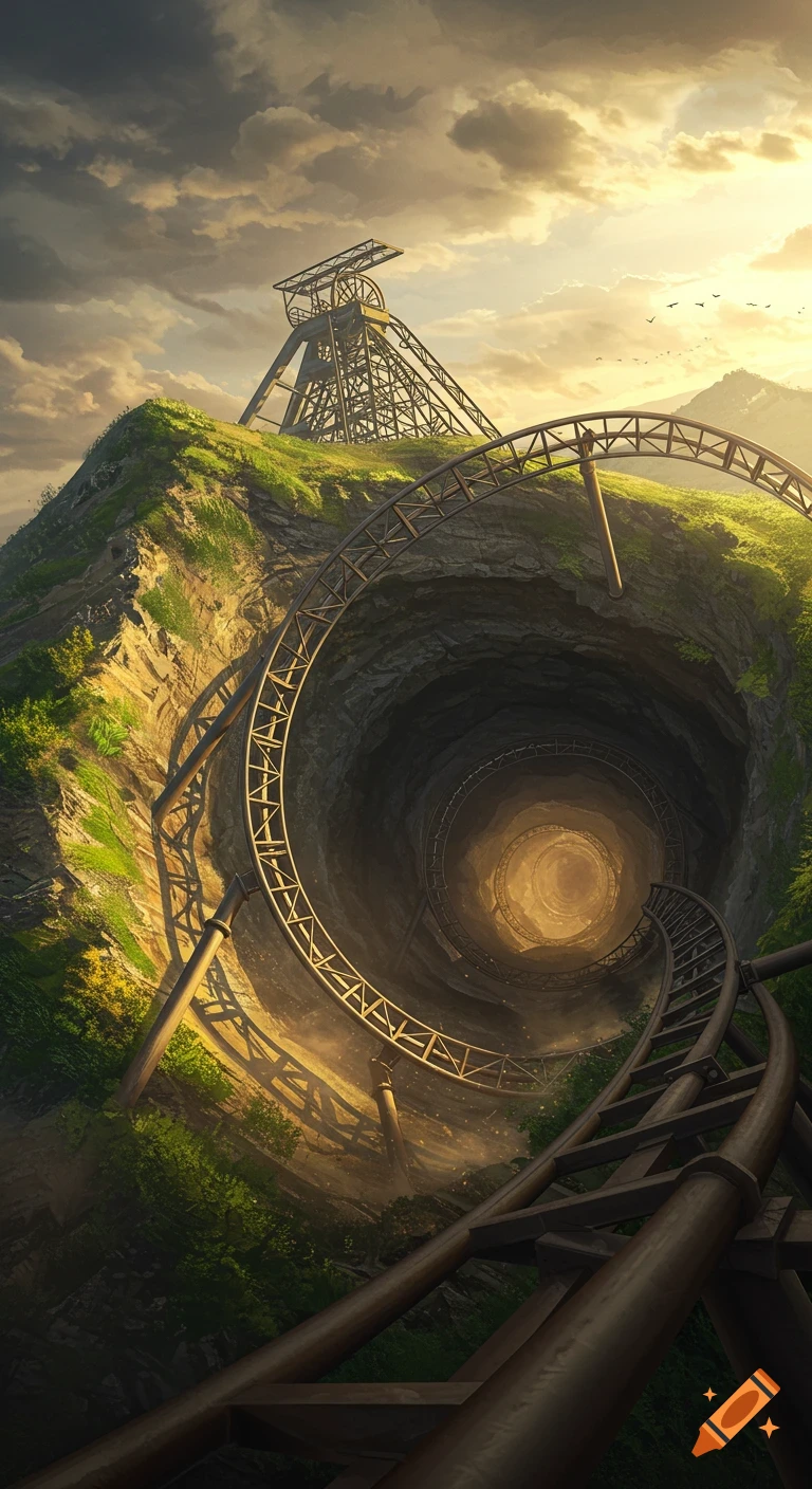A fantastical rollercoaster track descends into a deep, glowing mine shaft on a grassy hill with a towering headframe structure under a dramatic sky.