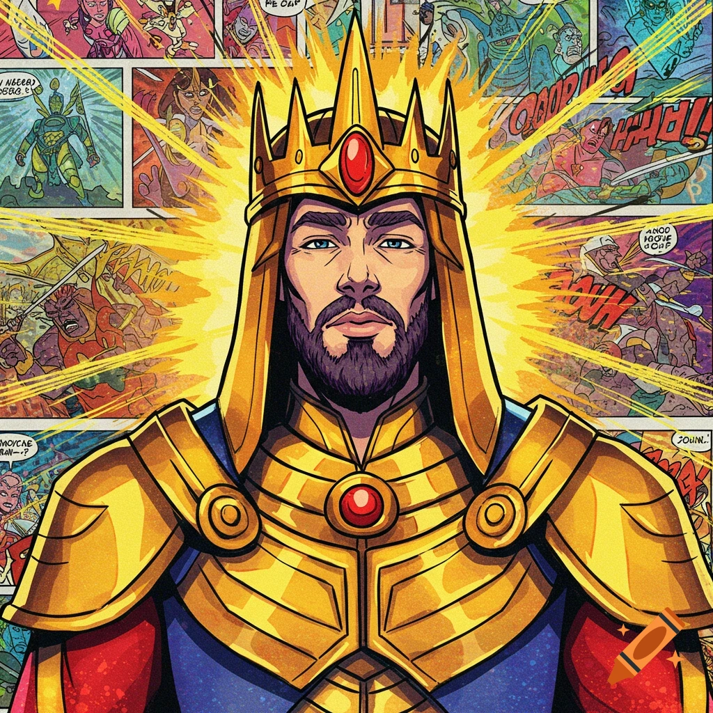 Bearded king in golden armor and crown, with blue eyes, in a vibrant comic book style. Background features dynamic comic panels.