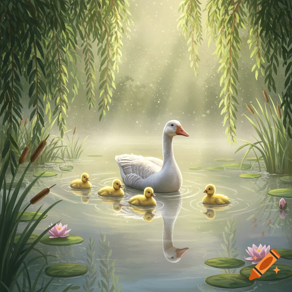 A white mother goose and four yellow ducklings swim in a serene pond with water lilies and willow trees, in an illustrative style.